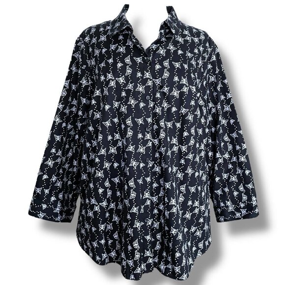 Coldwater Creek Womens Shirt Sz 22W Black White Butterfly Print Button Up Top - Picture 1 of 7